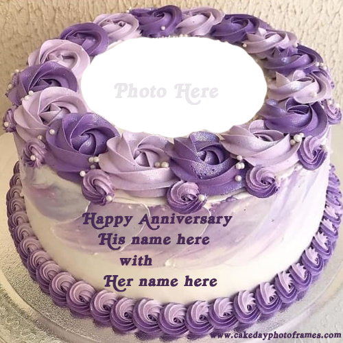 Rose decorated Happy Anniversary Cake with Name and Photo
