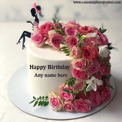 Pink Rose Flower & Doll Cake with Name Editor