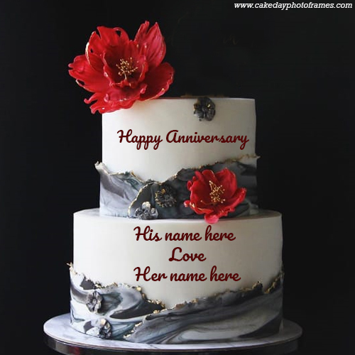 Happy Anniversary Tiered Red Flowers Cake with Name of couple