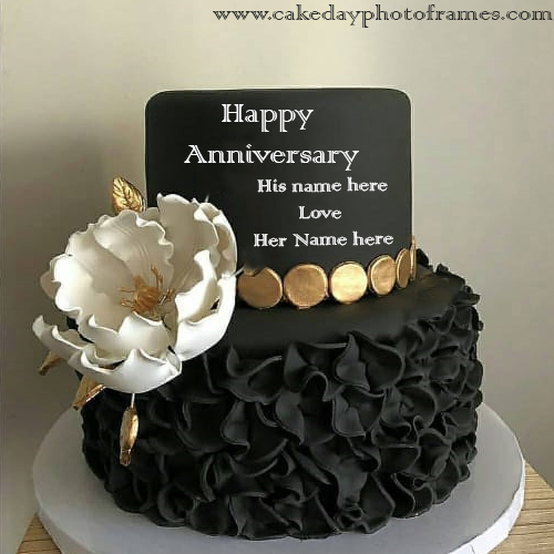 Black And white Rose Anniversary Cake with Name