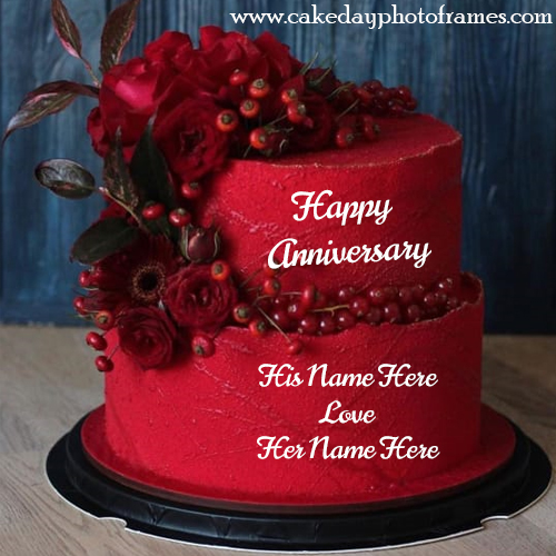 Red Cherry and Rose Anniversary Cake with Name