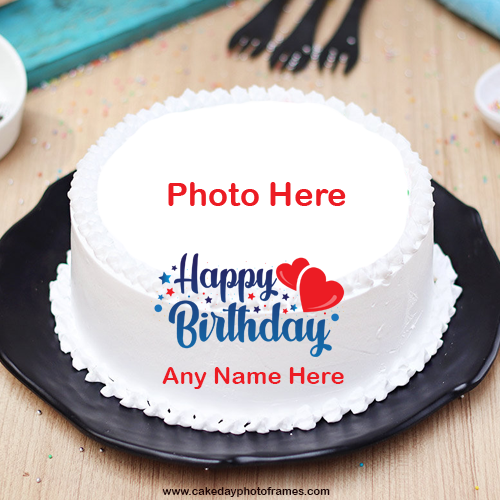 White Hearts Birthday Cake with Name and Photo