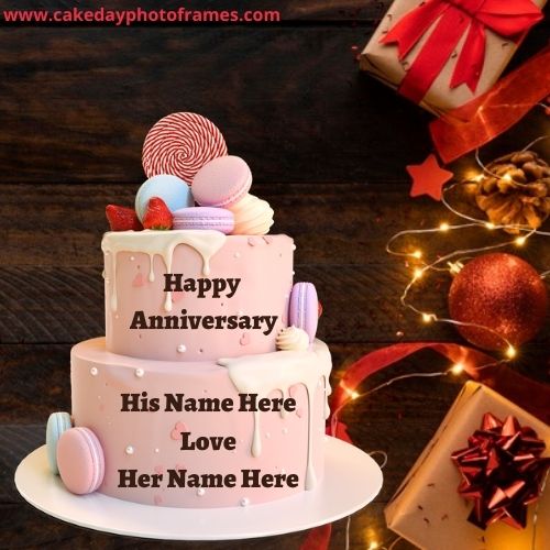 Pink Happy Anniversary Cake with Name of Couple