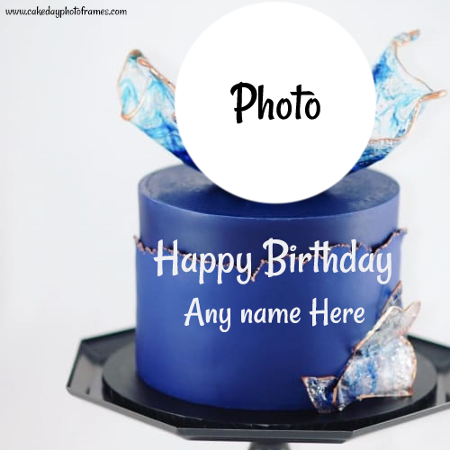Royal blue happy birthday cake with name and photo