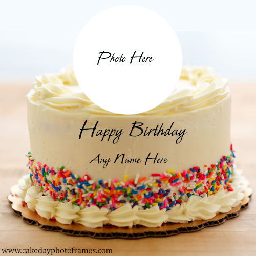 Happy birthday creamy cake with name and photo