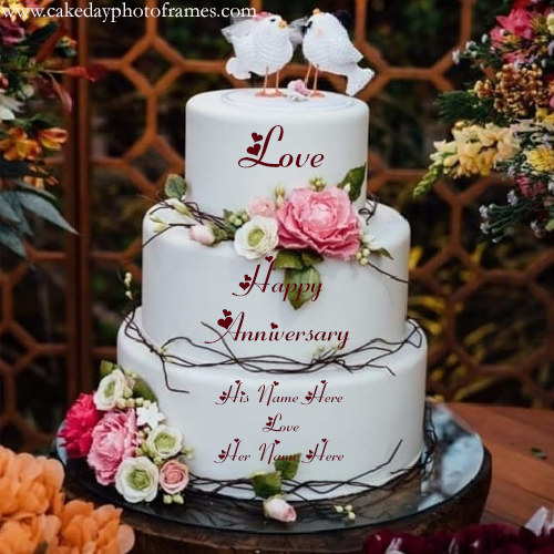 Love birds happy anniversary couple name cake