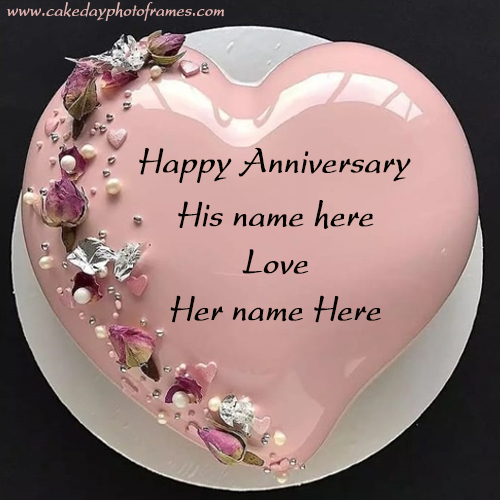 Pink heart shared Anniversary chocolate Cake with Couple Name