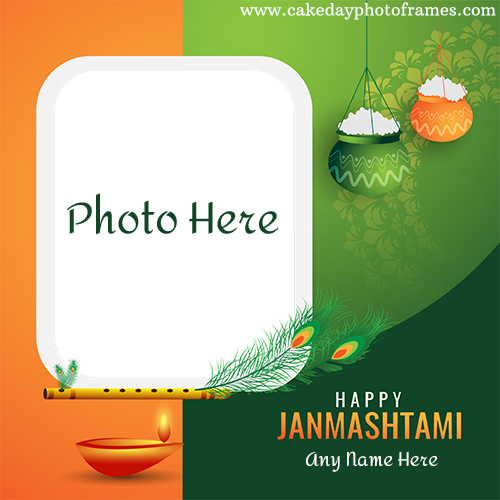 Happy janmashtami indian flage 3 colour card with name and photo