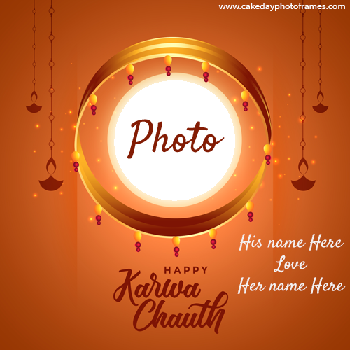 Happy karwa chauth moon card with couple name and photo