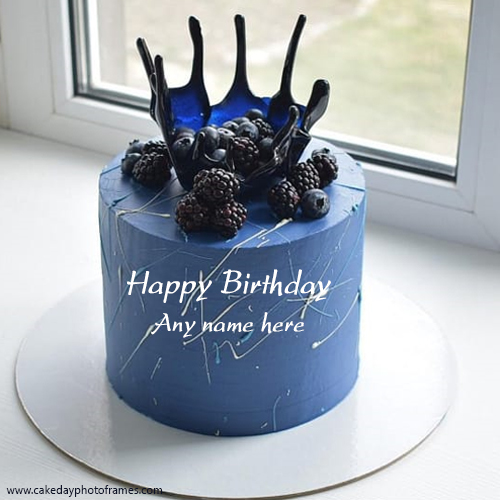 Happy birthday Blue cake with black Berrys and name edit