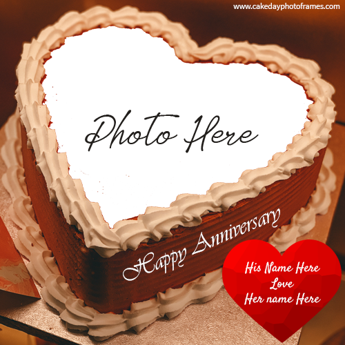 Happy anniversary heart cake with couple name and photo edit