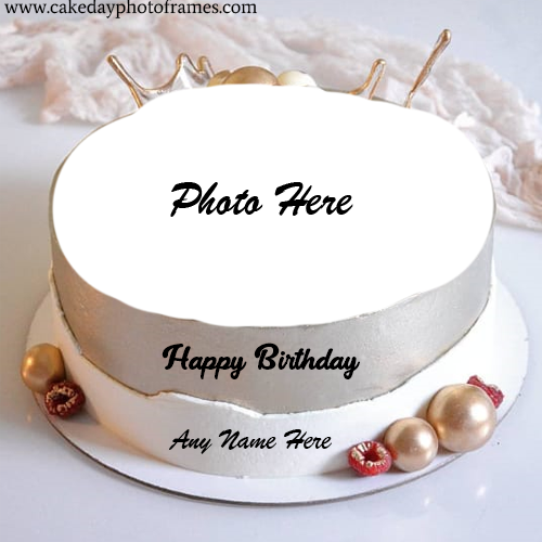 Happy Birthday white cake with Name and Photo Editor