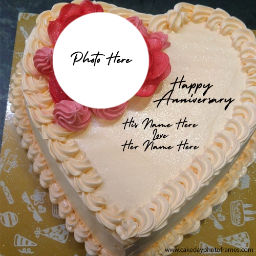 Free Happy anniversary heart cake with couple name and photo