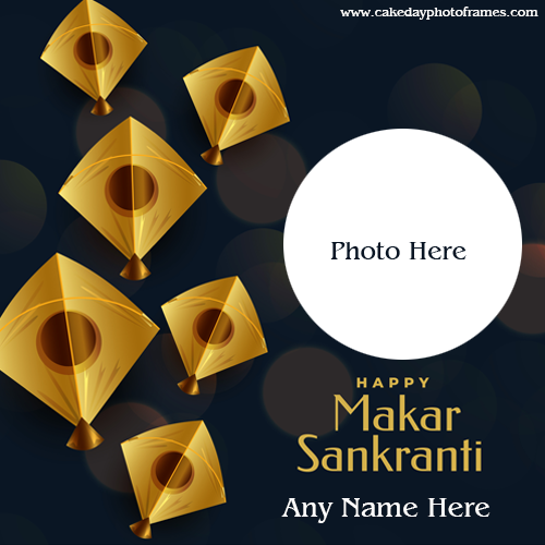 Happy Makar Sankranti greeting card with name and photo edit