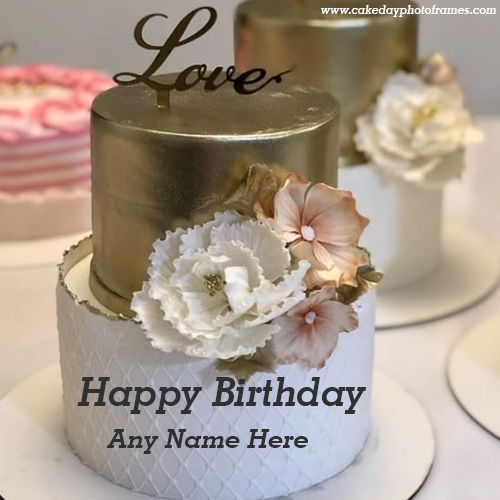 Golden and White Love Cake for Birthday Wishes Name Edit