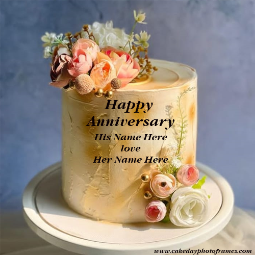 Create Happy Anniversary greeting cake with his and her name