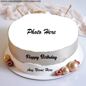Happy Birthday white cake with Name and Photo Editor
